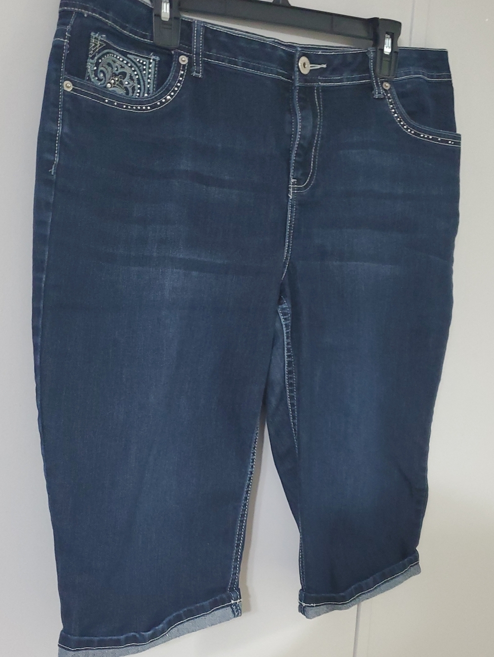 Passport Dark Blue Cropped Jean Shorts with Embellished Pockets